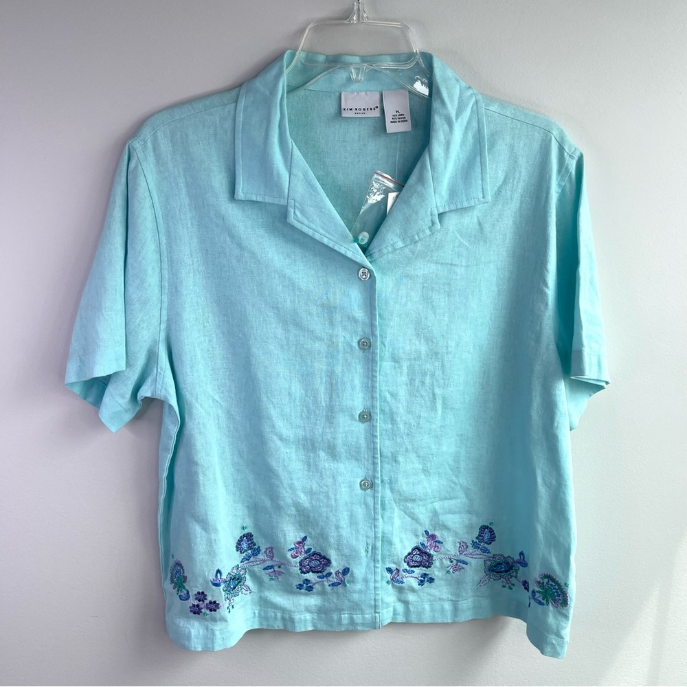 Kim Rogers Light Blue Short Sleeve Button Down Shirt With Embroidery Size PL